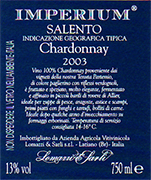 "Imperium I.G.T. vino blanco chardonnay "Salento" Chardonnay 100% Las uvas son seleccionadas y transportadas en carros peque�os. Despues del proceso de produccion del vino viene depositado por 6 meses en barriles de madera Alcohol 12,50 % vol. Total acidez 4,70 g/l Total dioxido de sulfuro 60 mg/l pH 3,74 perfecto con sopas de pescado, langostas y camarones. Vino que se combina con quesos y hierbas Vino blanco Italiano para Distribuidores en latinoamerica.